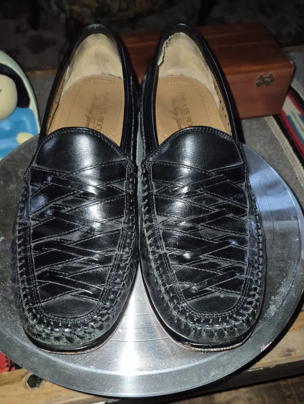Brass Boot Loafers Mens Sz 8.5 M.(#3054D) Black Woven Leather  Almond Toe.